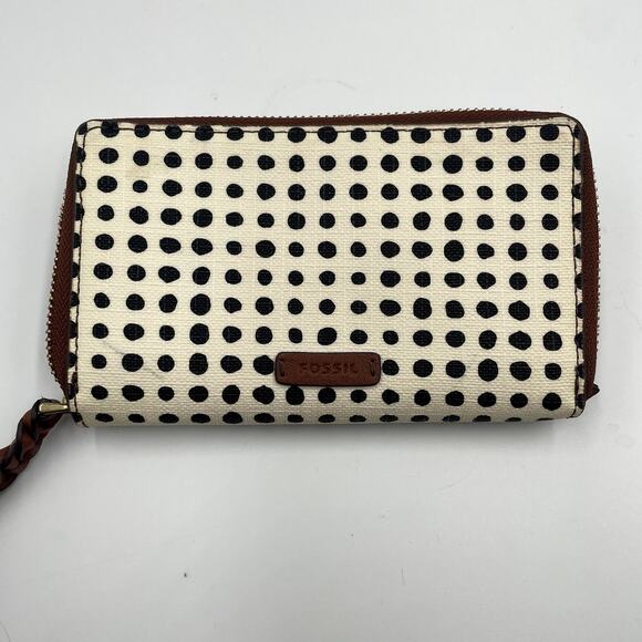 Fossil Caroline RFID Zip-Around Wallet Black Polka Dot Brown Leather Trim - Picture 1 of 7